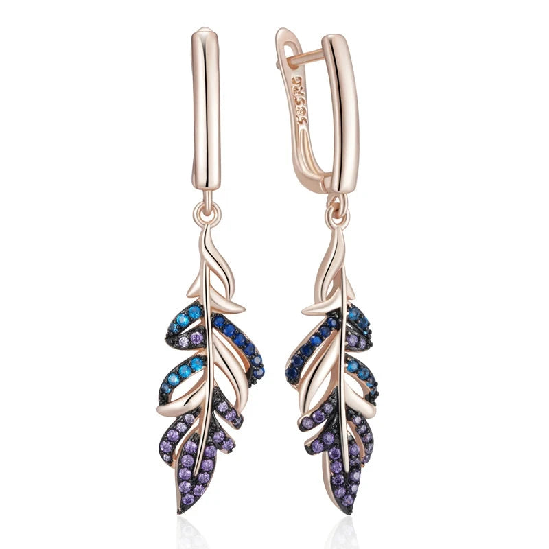Kinel Hot Purple With Blue Natural Zircon Leaf Drop Earrings For Women 585 Rose Gold and Black Gold Plating Daily Fine JewelryH2499