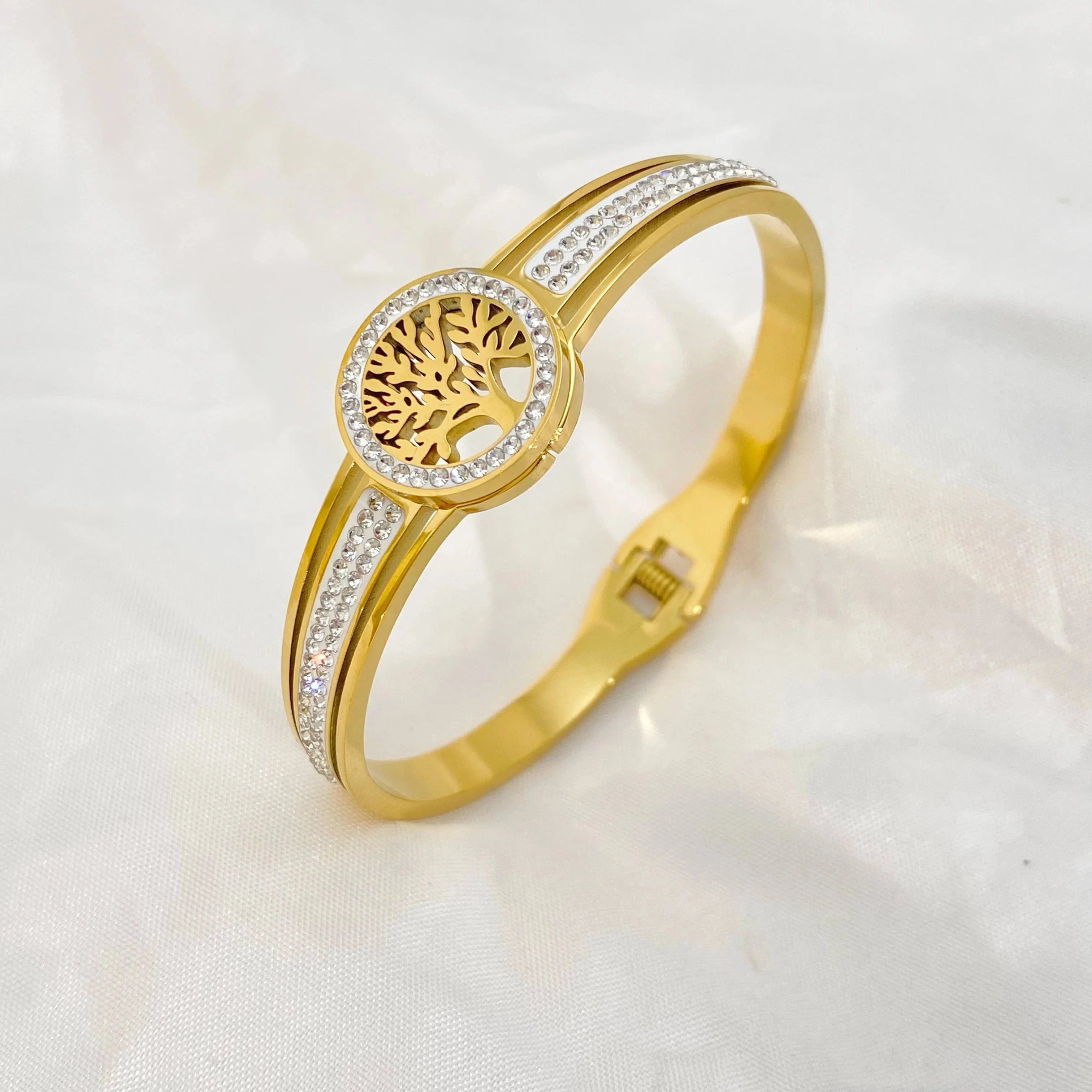 Unisex Tree of Life Bracelet – Gold CZ Luxury BangleE
