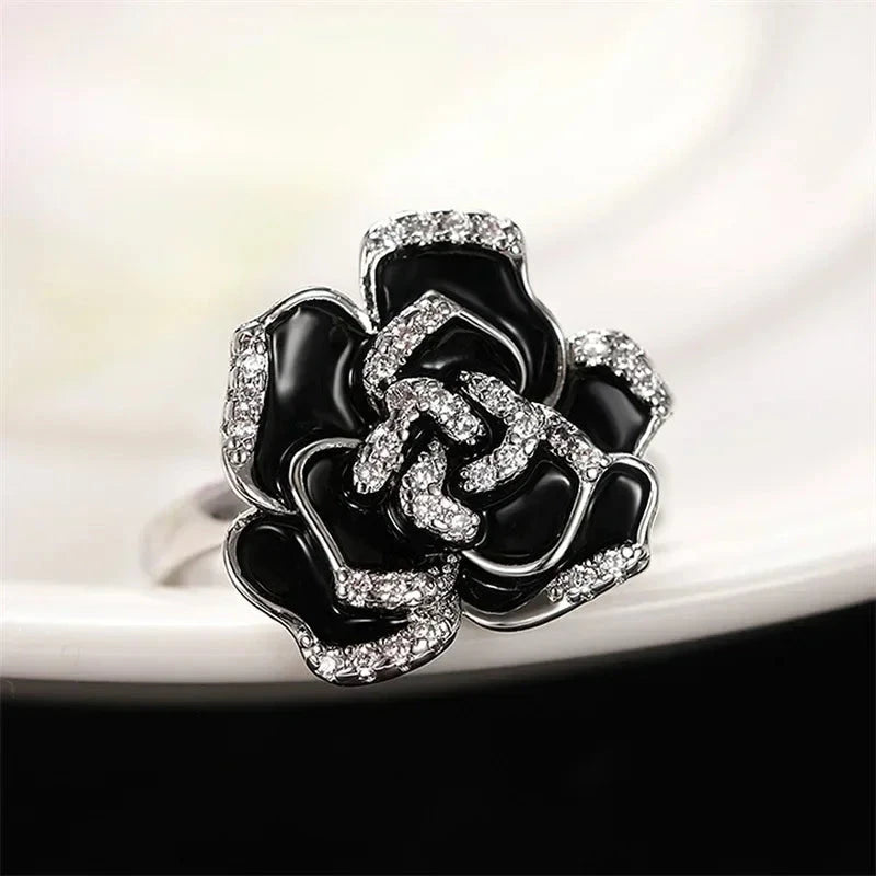 Zirconia Black Flower Ring for Women