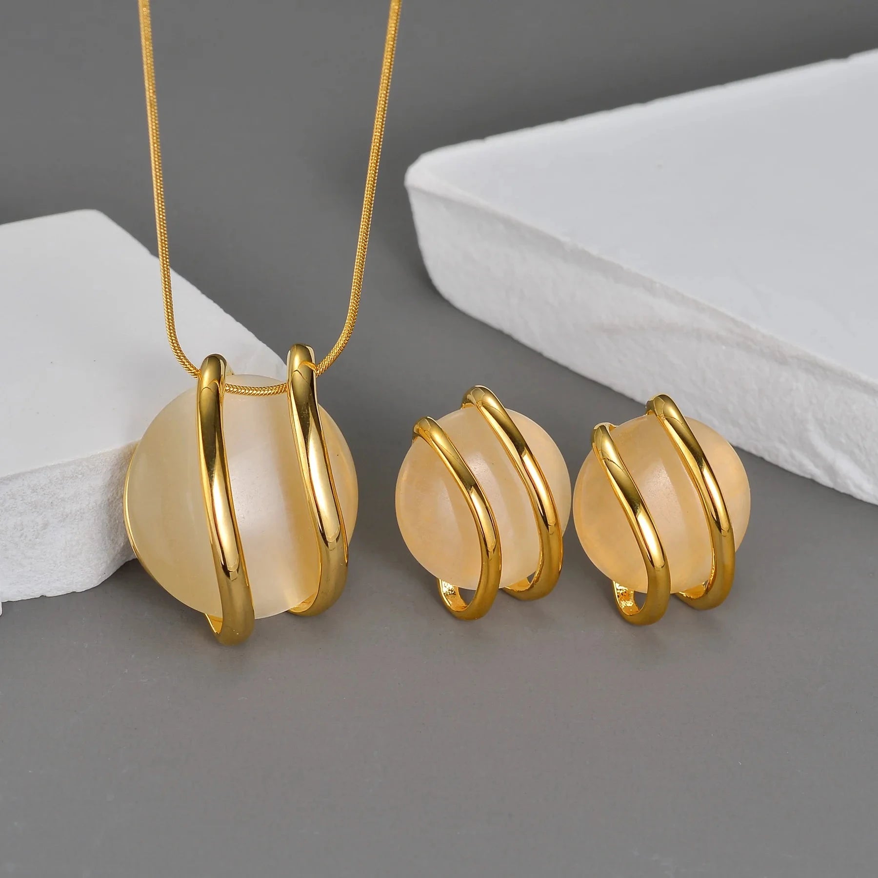 Fashion Stainless Steel Round Natural Stone Stud Earrings Necklace