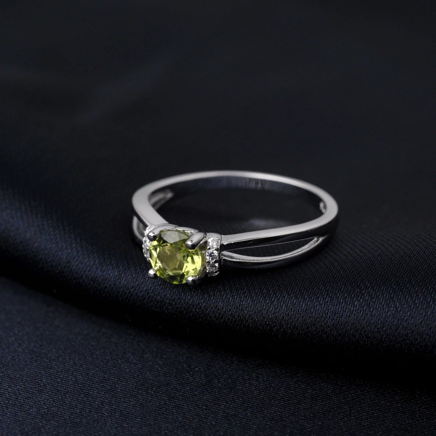 Round Genuine Natural Peridot 925 Sterling Silver Solitaire Ring