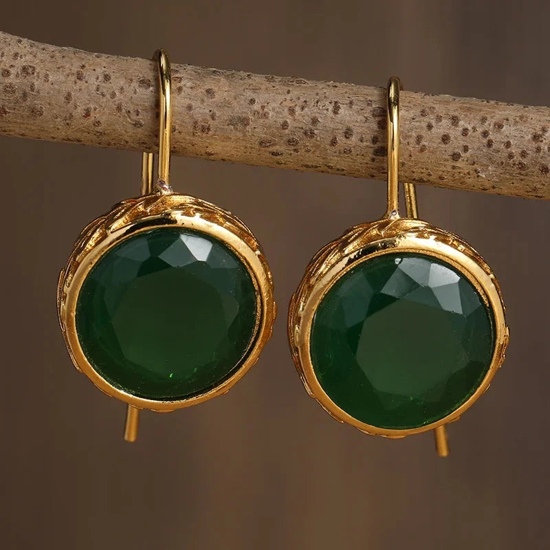 Trendy Gold Color Green Stone Unique Earrings