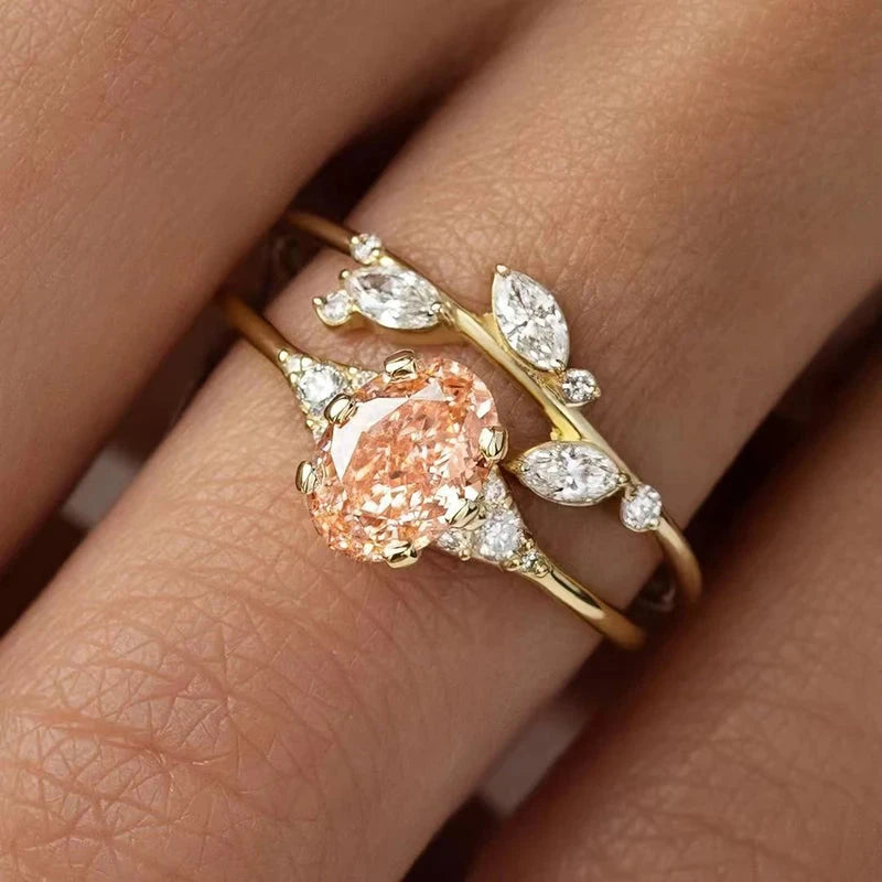 Huitan Champagne CZ 2Pcs Women Rings Aesthetic Wedding Accessories Gold Color Exquisite Leaf Rings Party Fashion Jewelry SetsQ68010