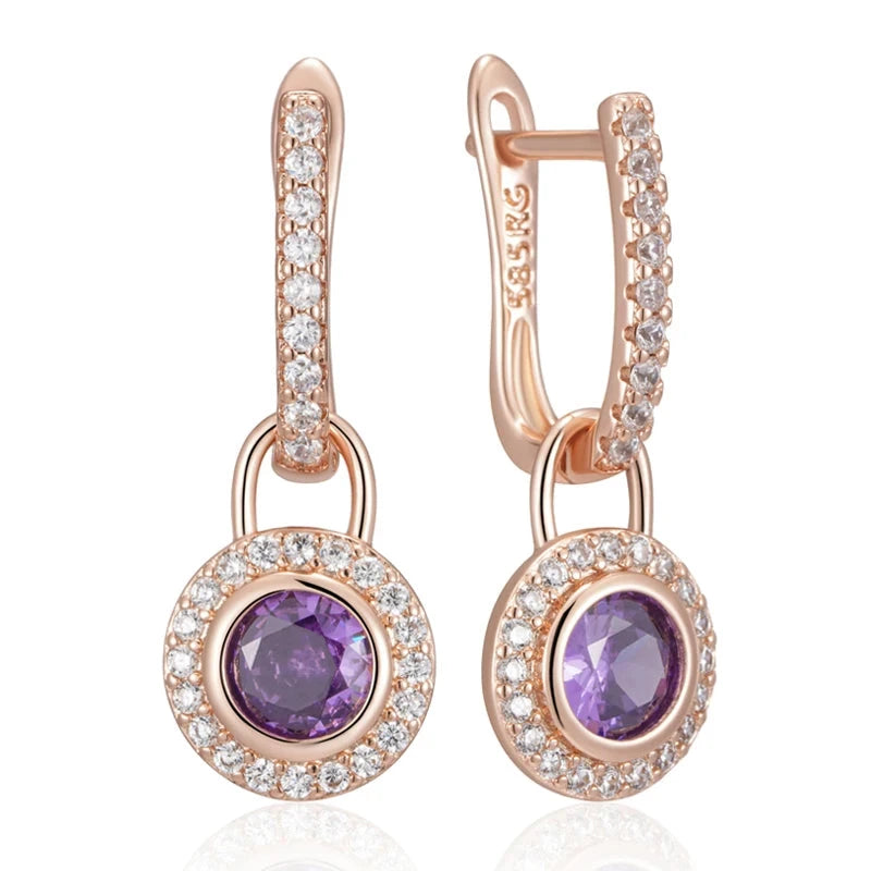 585 Rose Gold Purple Round Natural Zircon Drop Earrings for WomenH2279