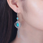 Vintage Blue Fire Opal Drop Dangle Earring with Stone Silver Plated Black Onyx Long Tassel Bohemia Boho Jewelry for Women