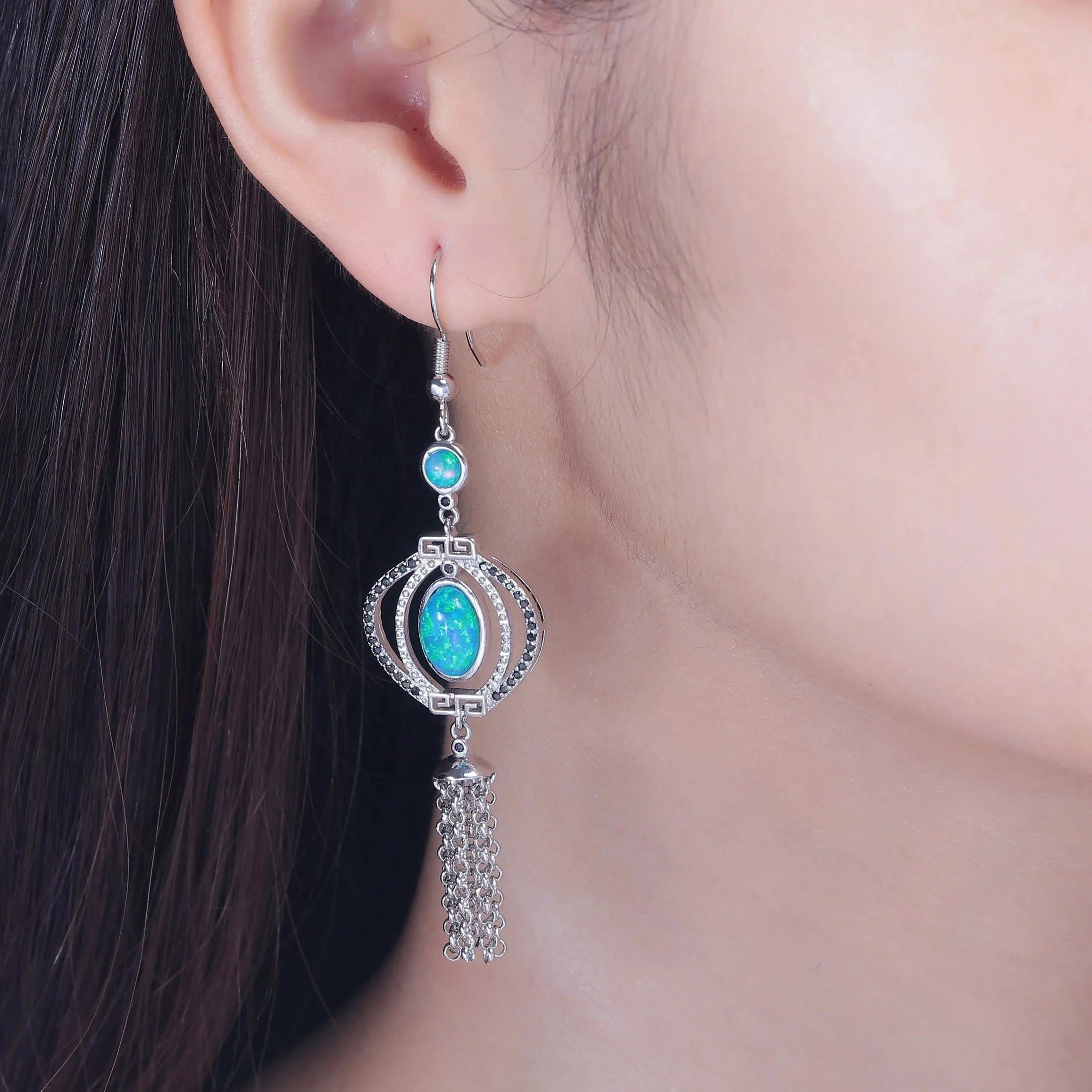 Vintage Blue Fire Opal Drop Dangle Earring with Stone Silver Plated Black Onyx Long Tassel Bohemia Boho Jewelry for Women