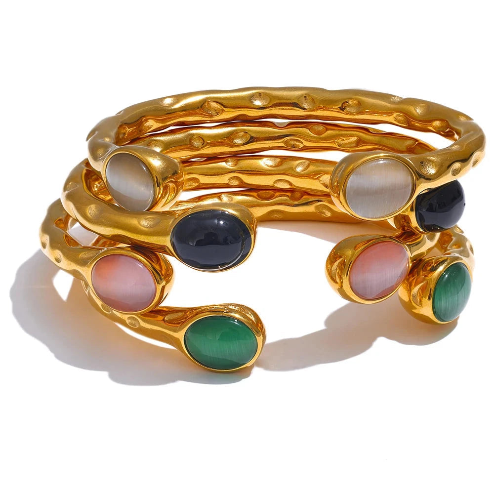 Yhpup 62mm High Quality Stainless Steel Multicolored Natural Stone Golden Cuff Open Bracelet Bangle Water Resistant Jewelry 2024