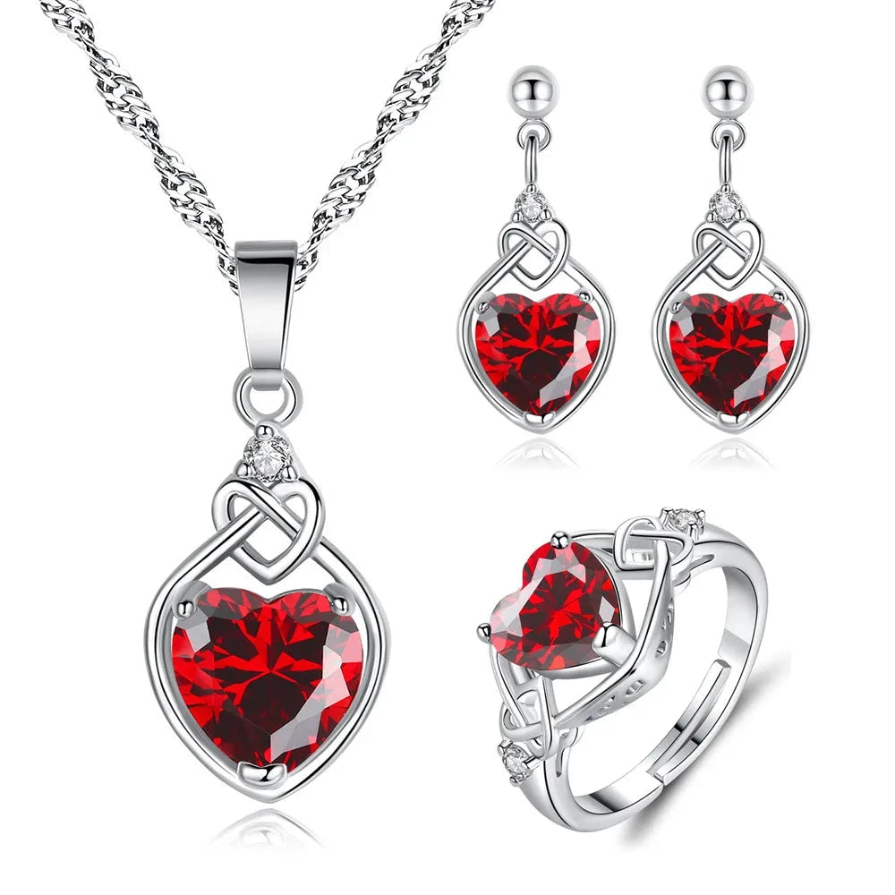 Silver 925 Red Heart Zircon Elegant Women's Sets Ring Earring Necklace