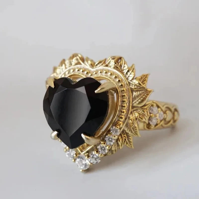 Luxury Gold Flower, Leaf & Heart Hollow Rings with White & Black Stones
