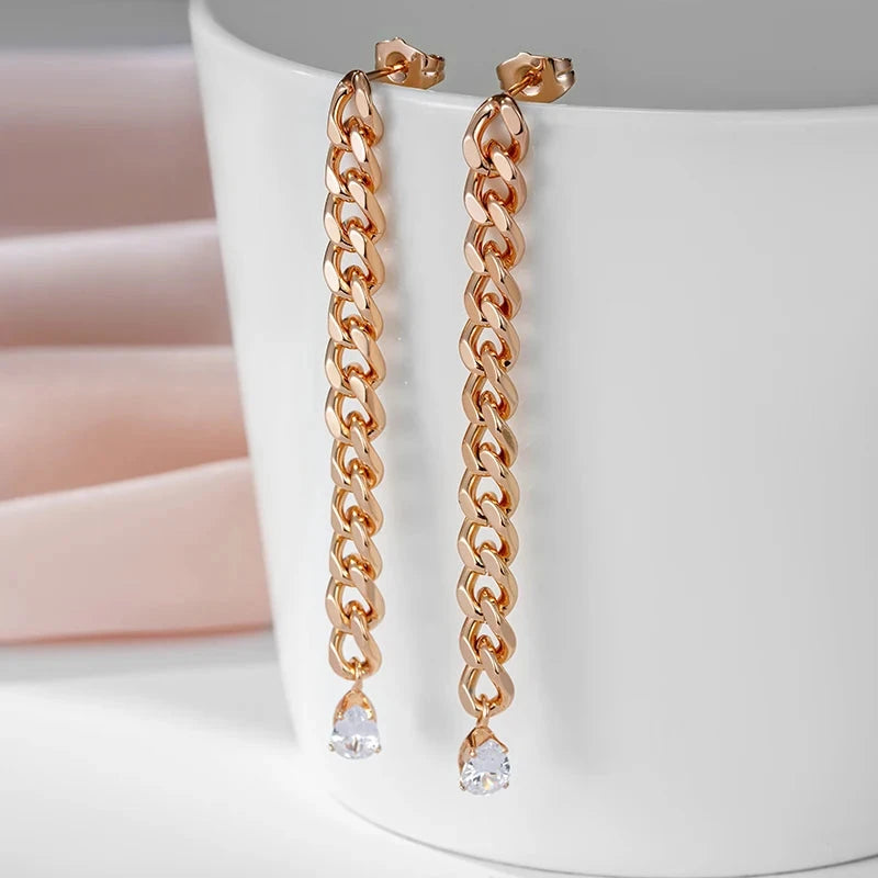 585 Rose Gold Unique Design Natural Zircon Long Dangle Earrings For Women