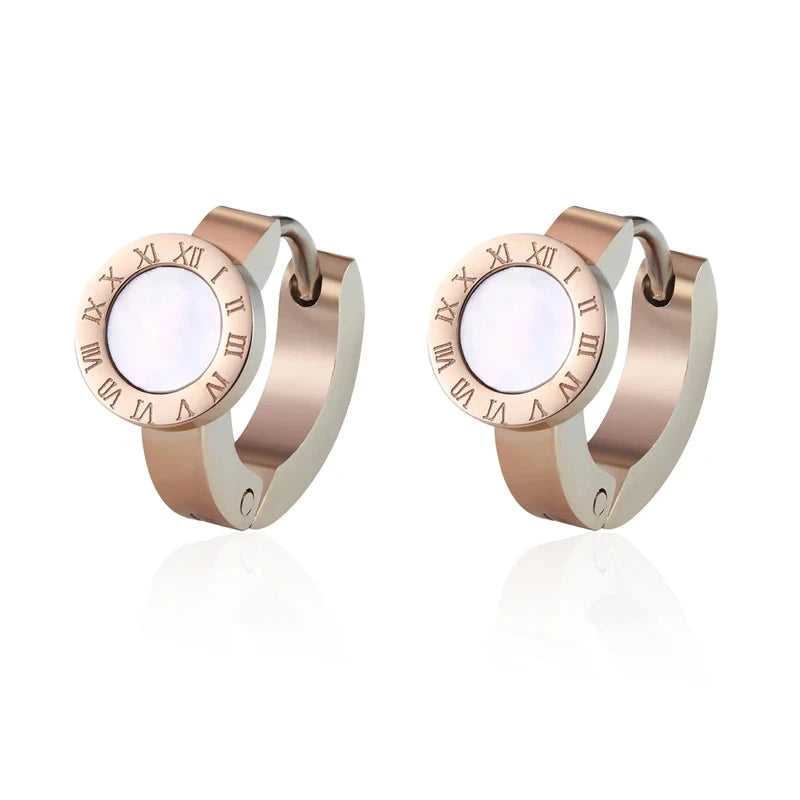 Elegant Roman Numeral Hoop Earrings – White Shell & Black EnamelRose gold White