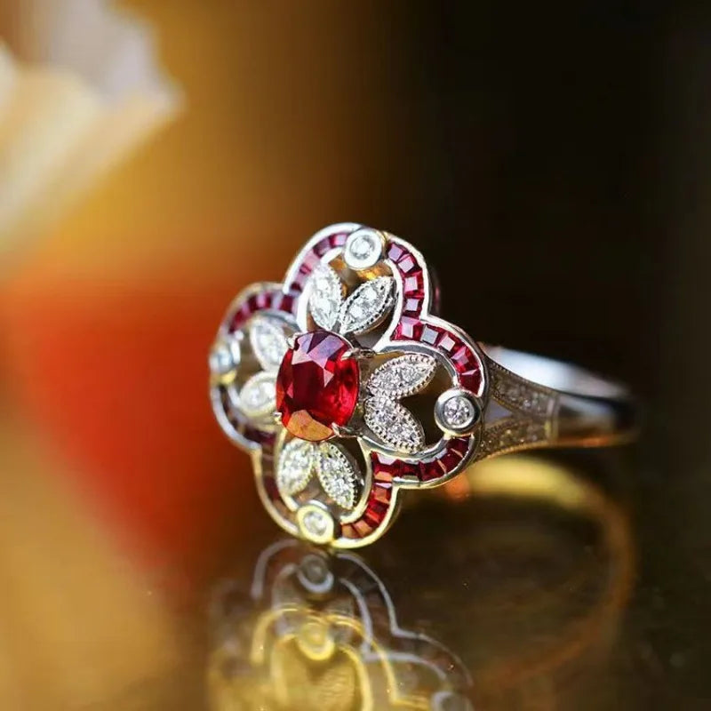 Vintage Hollow Out Flower 925 Silver Ruby Ring