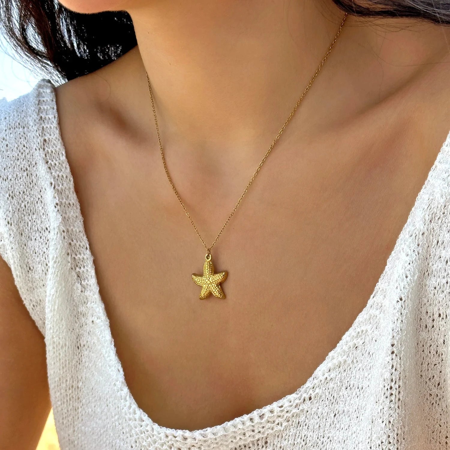 Stainless Steel Metal Starfish Conch Pendant NecklaceNC25Y0272-1