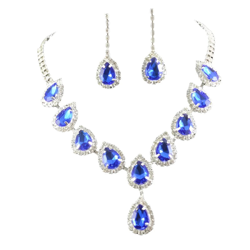 Luxury Blue Rhinestone Silver Plated Necklace Earrings Set Fashion