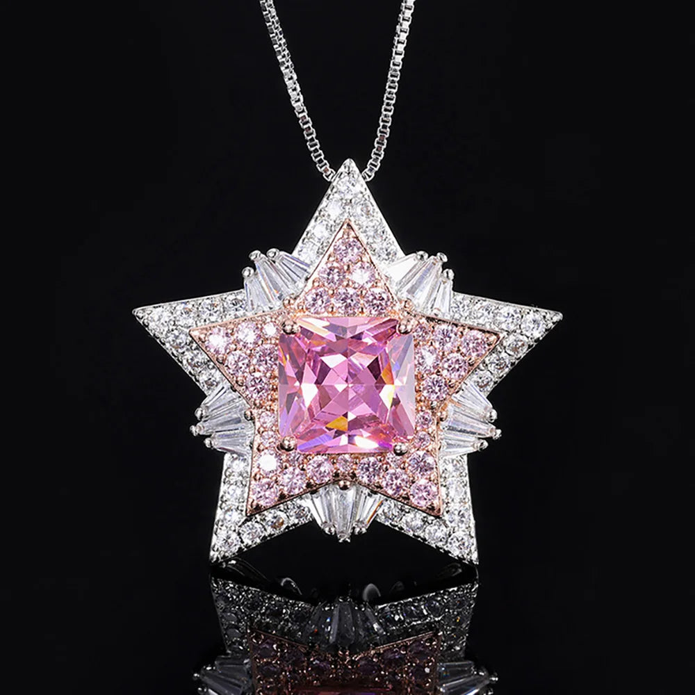 10*10mm Pink Quartz Topaz Pentagram Pendant NecklacePink45cm