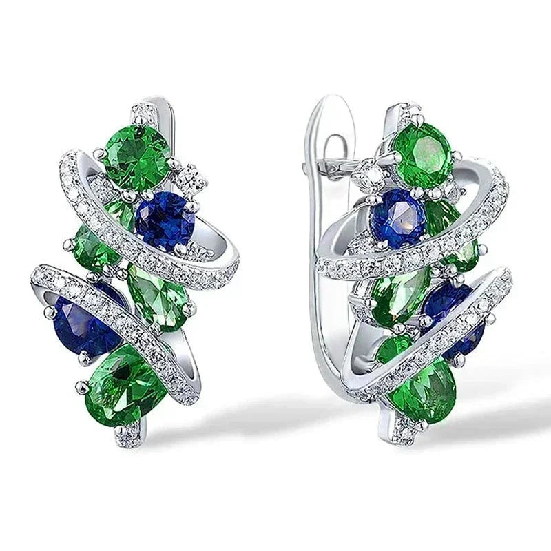 Luxury Silver Green & Blue Zircon Hoop Earrings for Women