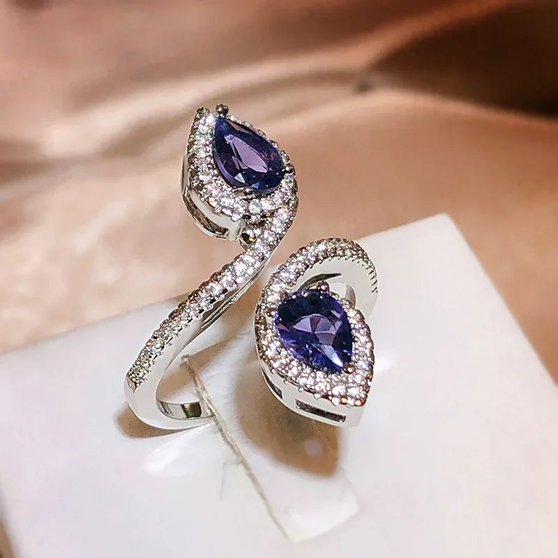 Double Water Drop Sapphire Ring 925 Silver