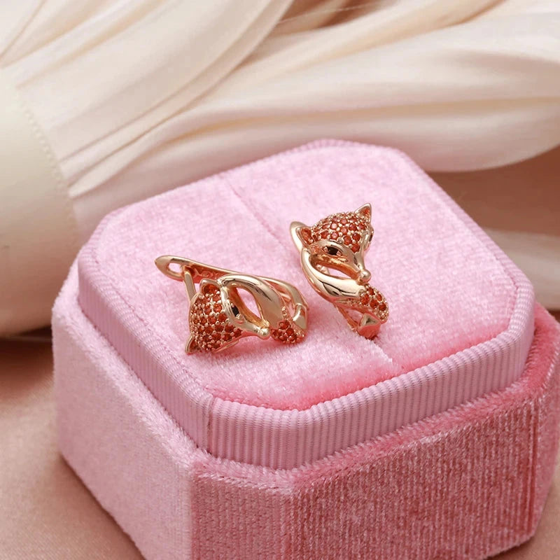 SYOUJYO Cute Red Fox Stud Earrings For Women 585 Rose Golden Natural Zircon Animal Luxury Jewelry Party Gift