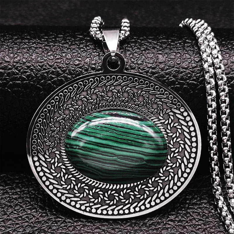 Bohemian oval stone pendant, Green Banded stone