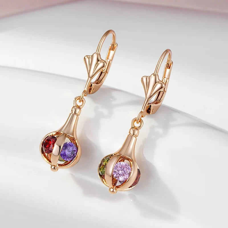 Red Natural Zircon Dangle Earrings For Women 585 Rose Gold