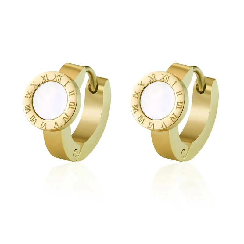 Elegant Roman Numeral Hoop Earrings – White Shell & Black EnamelGold White