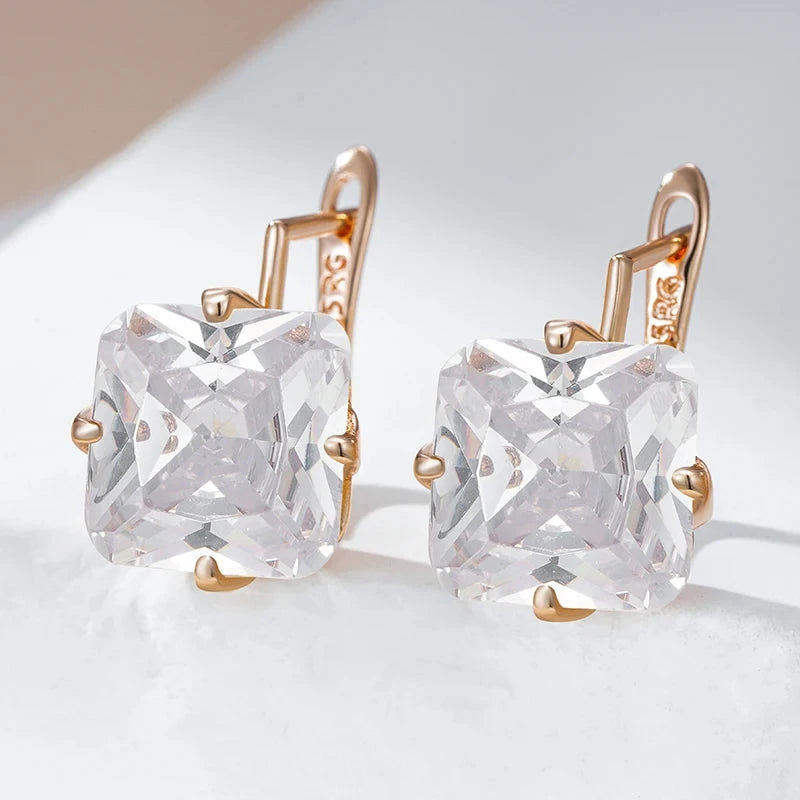 Shiny White Big Square Zircon Rose Gold Earrings for Women