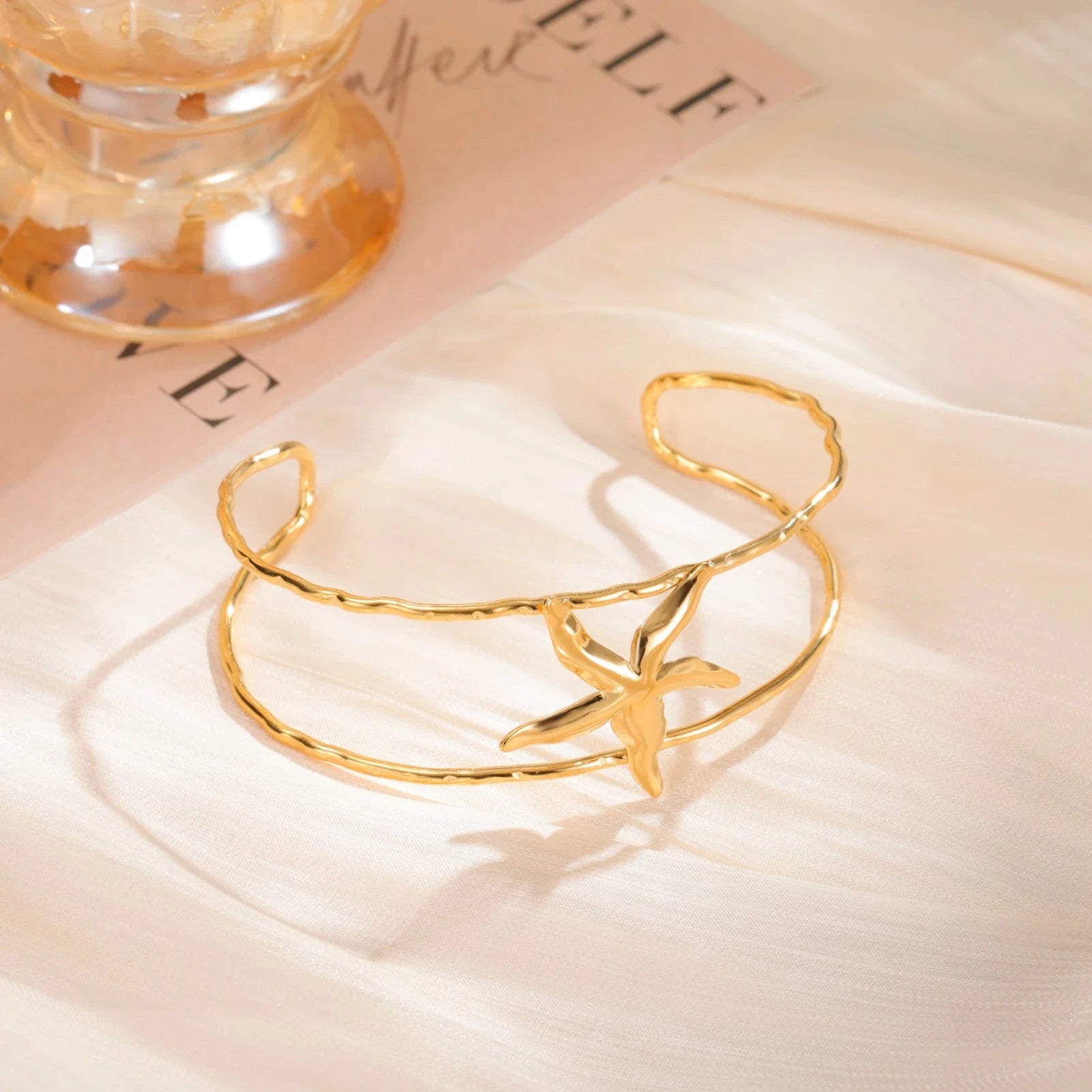 Skyrim Starfish Double Layer Cuff Bracelet Women Stainless Steel Gold Color Open Bangle Fashion Summer Beach Jewelry Gift