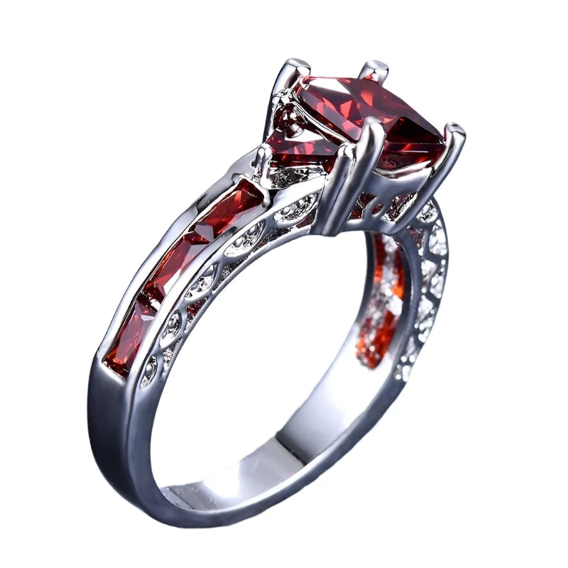 Elegant Silver Princess Cut Red Stone Ring