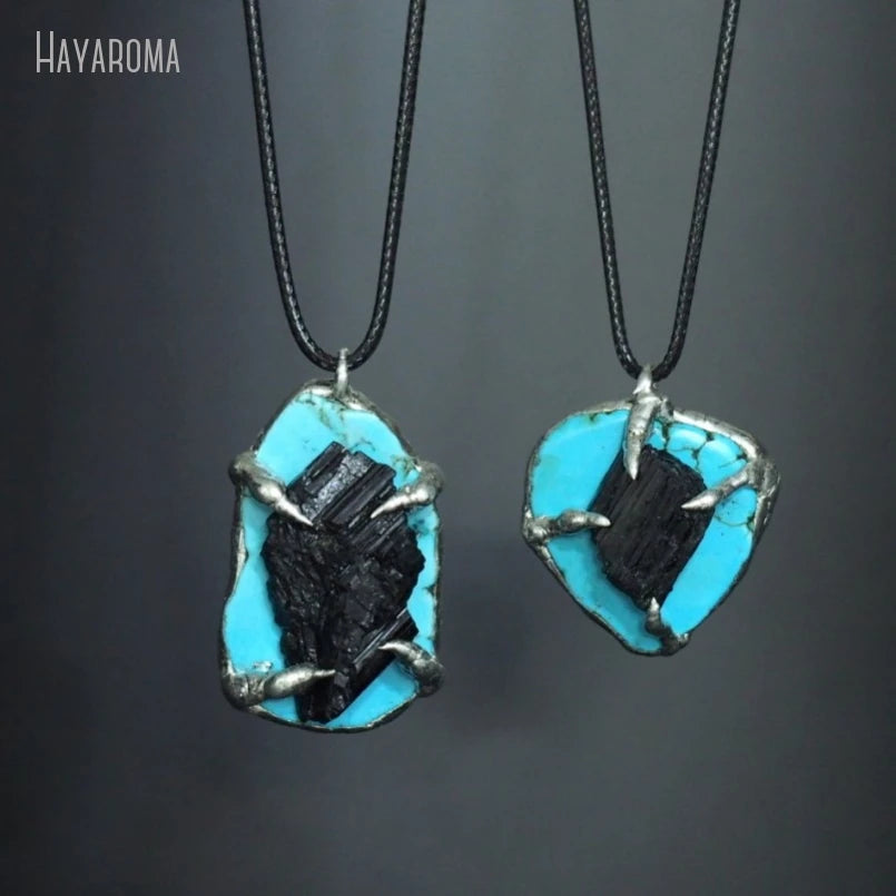 10Pcs Handmade Raw Ore Free Form Slice Claw Blue Black Tourmaline Leather Rope Turquoises Howlite Stone Necklace NM48633