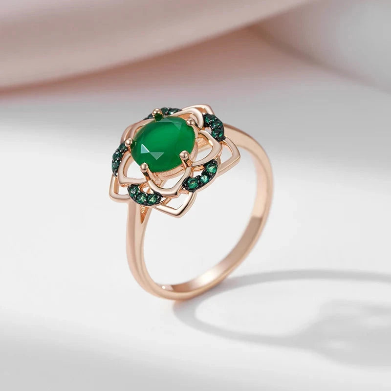 585 Rose Gold Color Green Flower Women's Ring