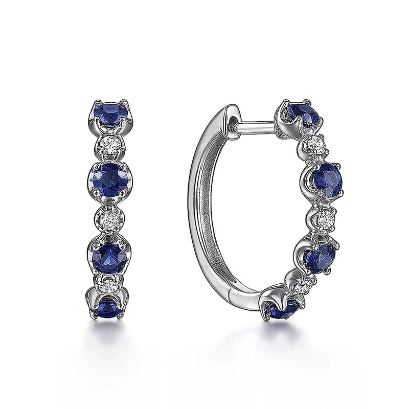 Simple Stylish Round Blue/White CZ Hoop Earrings