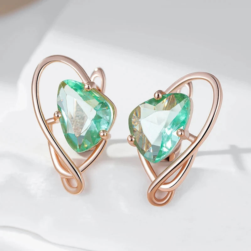 Rose Gold Color Drop Earrings with Light Green Stone