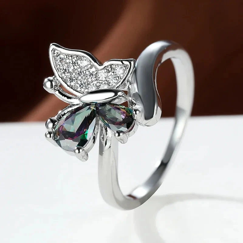 Multi-Colored Cubic Zirconia Butterfly Ring for Women