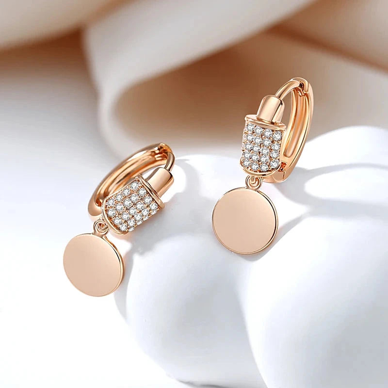 Glossy Rose Gold Disc Drop Earrings For Women