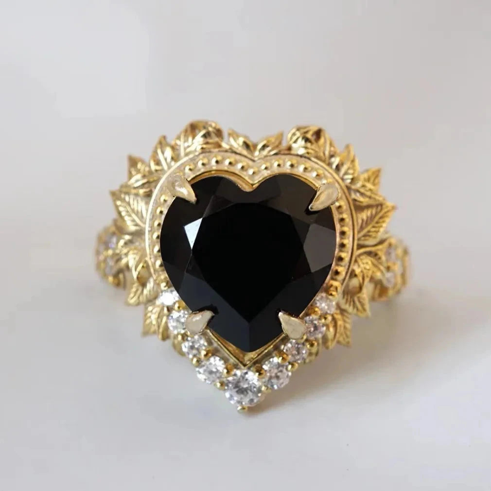 Luxury Gold Flower, Leaf & Heart Hollow Rings with White & Black Stones11Ring