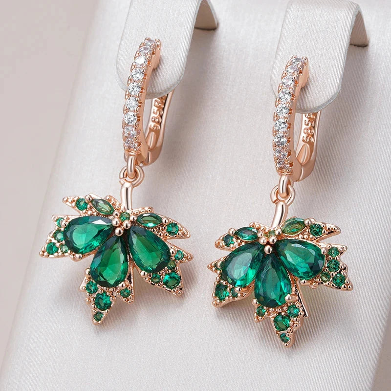 Shiny Green Zircon Maple Leaf Rose Gold Earrings for Women