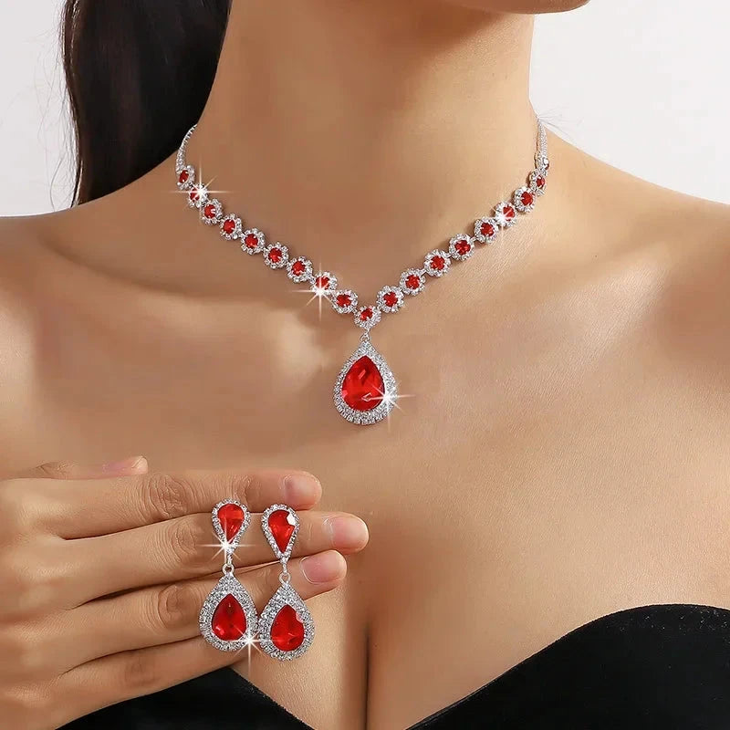 Luxury Necklace Earrings For Women Water Drop Pendantred