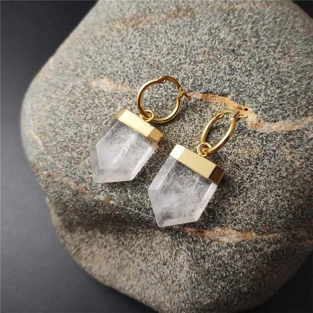 1Pair Gold Plated Carved Shield Shape Clear Quartz Earringsearrings