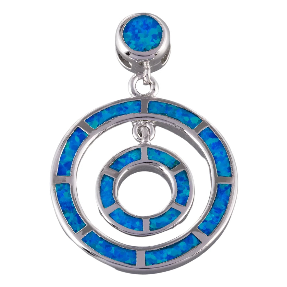 Double Circle Ocean Blue Fire Opal Jewelry for Women PendantSILVER PLATEDBlue