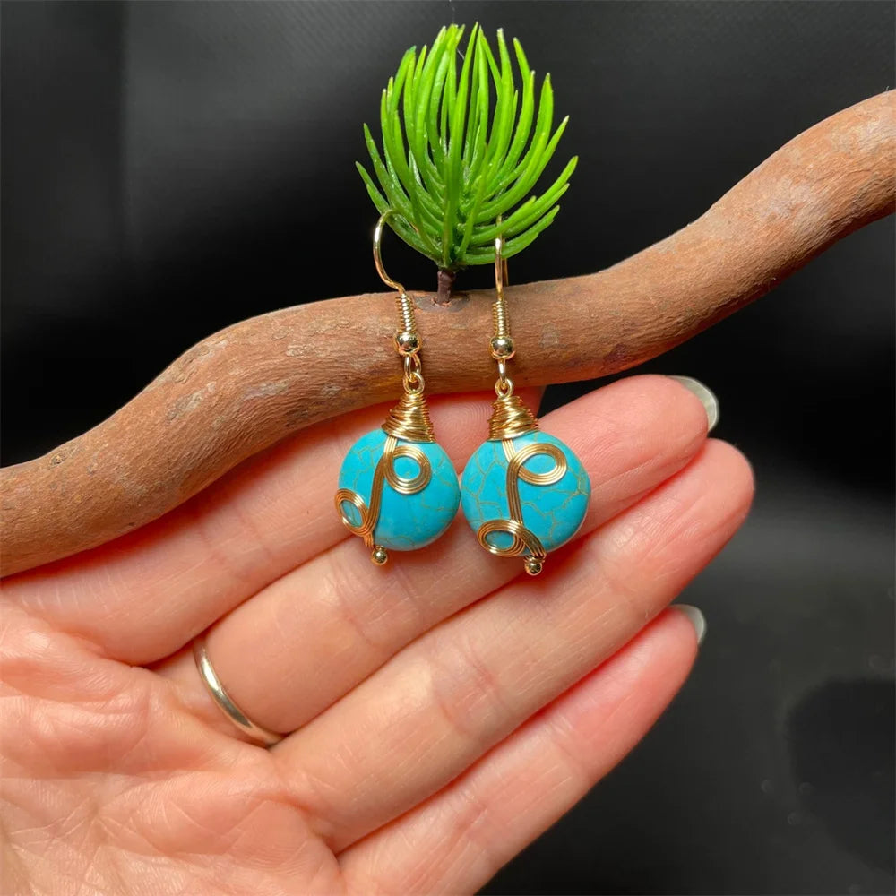 Retro Blue Turquoise Beads Twist Metal Design Drop Dangle Earring for Woman Trendy Gem Hook Earrings Unique Girl's Gift Jewelry