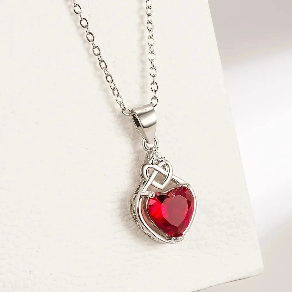 Silver 925 Red Heart Zircon Elegant Women's Sets Ring Earring Necklace