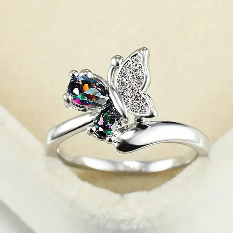 Multi-Colored Cubic Zirconia Butterfly Ring for WomenQ59010