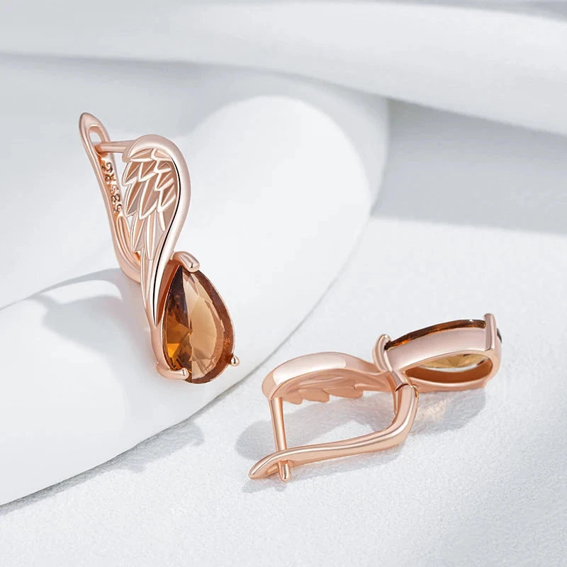 Shiny Brown Natural Zircon English Earrings for Women 585 Rose Gold