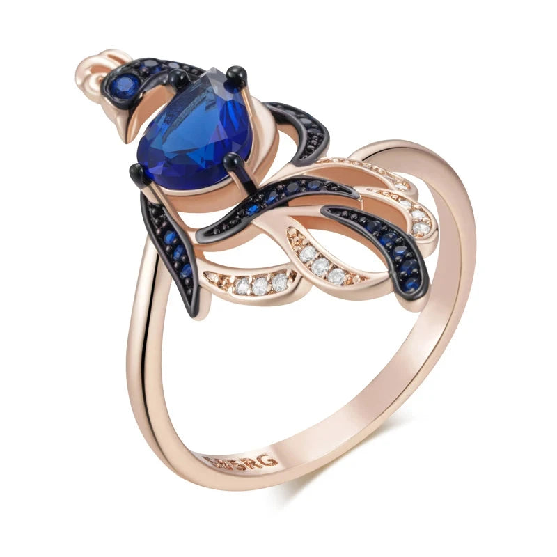 Blue Natural Zircon Bird Ring For Women Unique 585 Rose Gold and Black GoldZ14128