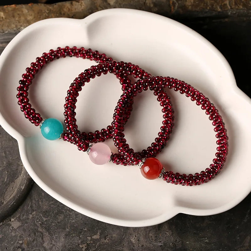 Natural Garnet Stone & Pink Crystal & Agate & Amazonite Female Beads Bracelet