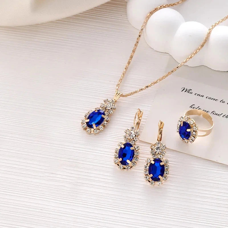 3Pcs Silver Oval Cut Cubic Zirconia Necklace Earrings Rings Set