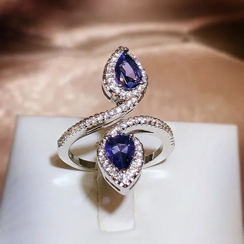 Double Water Drop Sapphire Ring 925 Silver