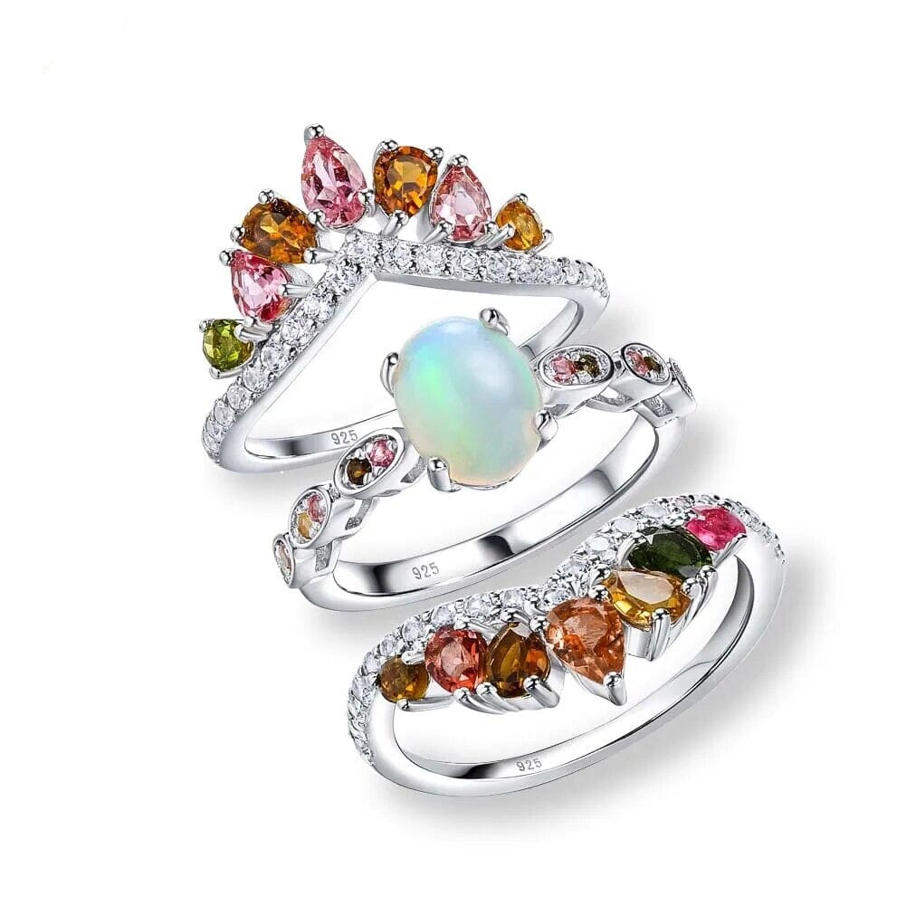 Opal Tourmaline Gems 925 Sterling Silver Three Ring SetRing