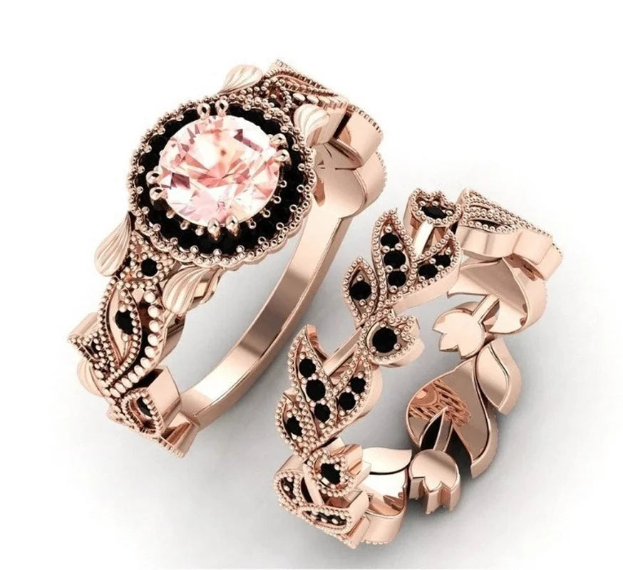 Rose Gold Black Zircon Flower Ring Set – Vintage (2pcs)