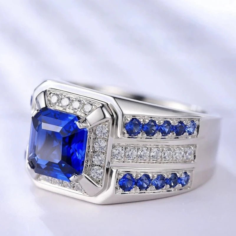 European and American fashion new men's jewelry, inlaid with blue square zircon, grand luxury men's ring